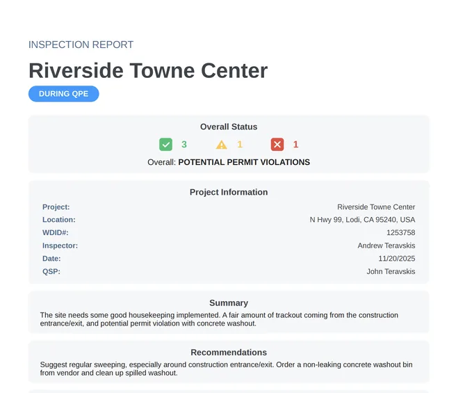 Weekly SWPPP inspection PDF report with samples, QR code sharing, inspection logs, and invoicing