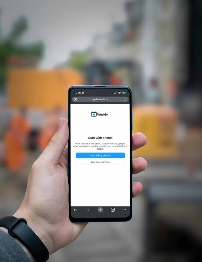 Weekly mobile stormwater inspection app with photo-first flow, samples collected, and extended observations